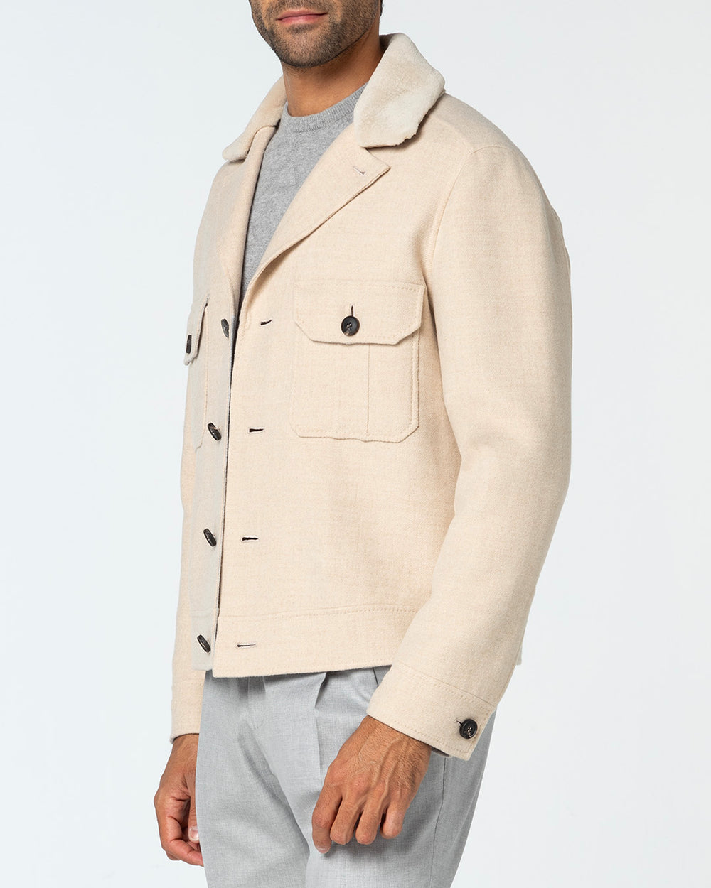 Lumen Wool Jacket with Mink Collar, Ivory/Pearl Grey