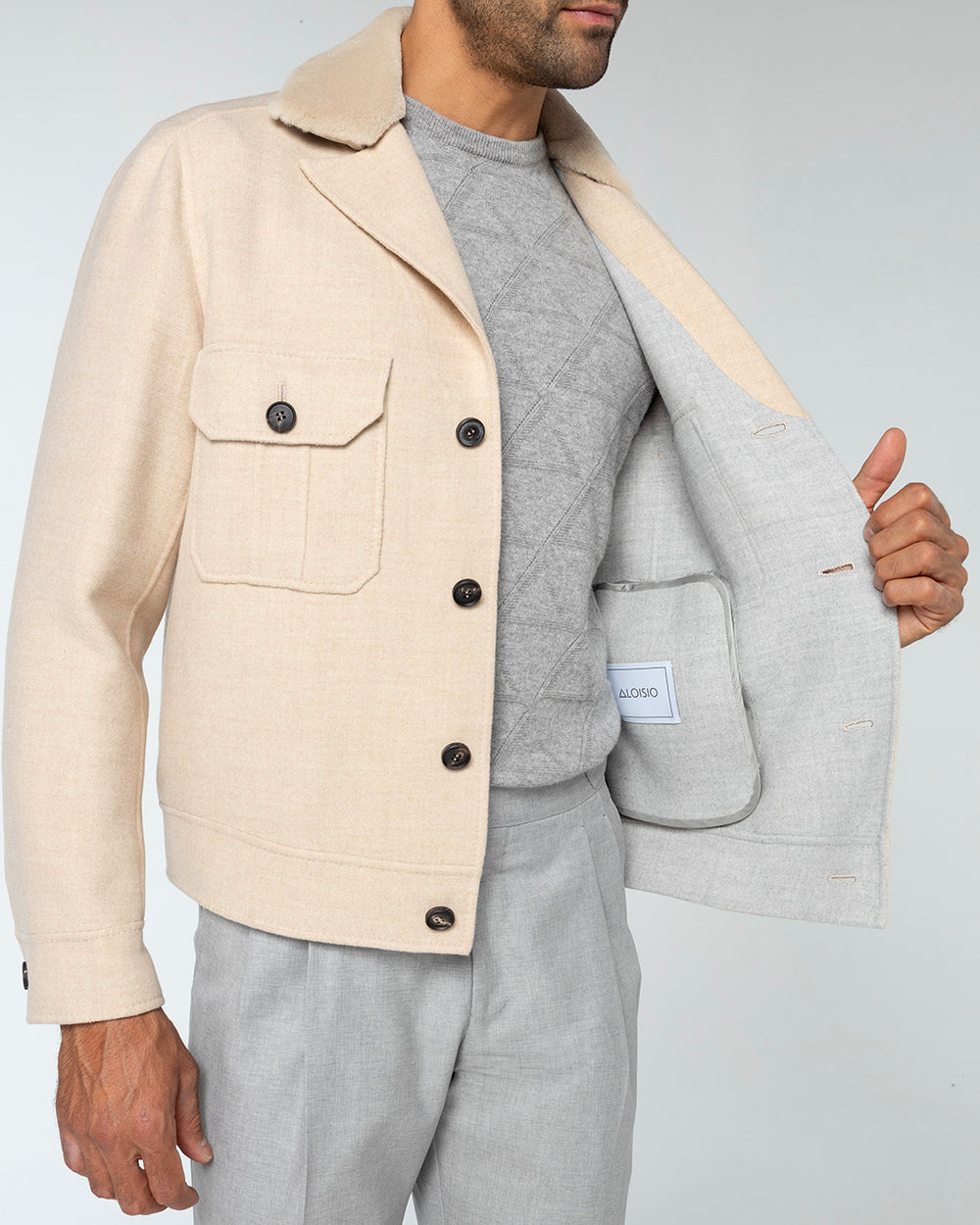 Lumen Wool Jacket with Mink Collar, Ivory/Pearl Grey