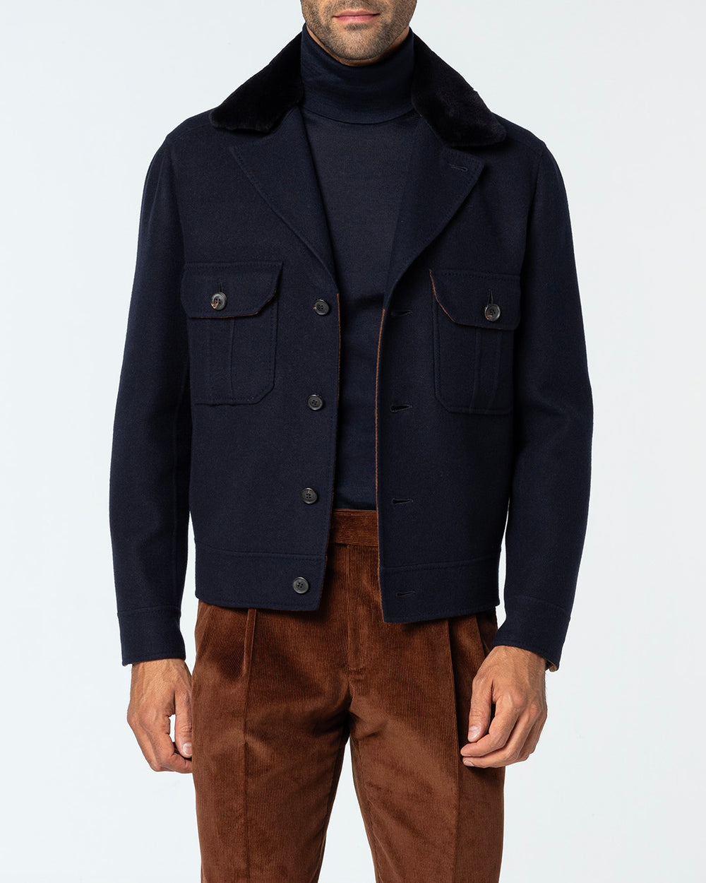 Lumen Wool Jacket with Mink Collar, Navy Blue/Rusty