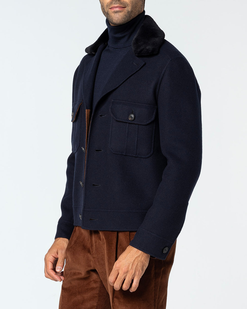 Lumen Wool Jacket with Mink Collar, Navy Blue/Rusty