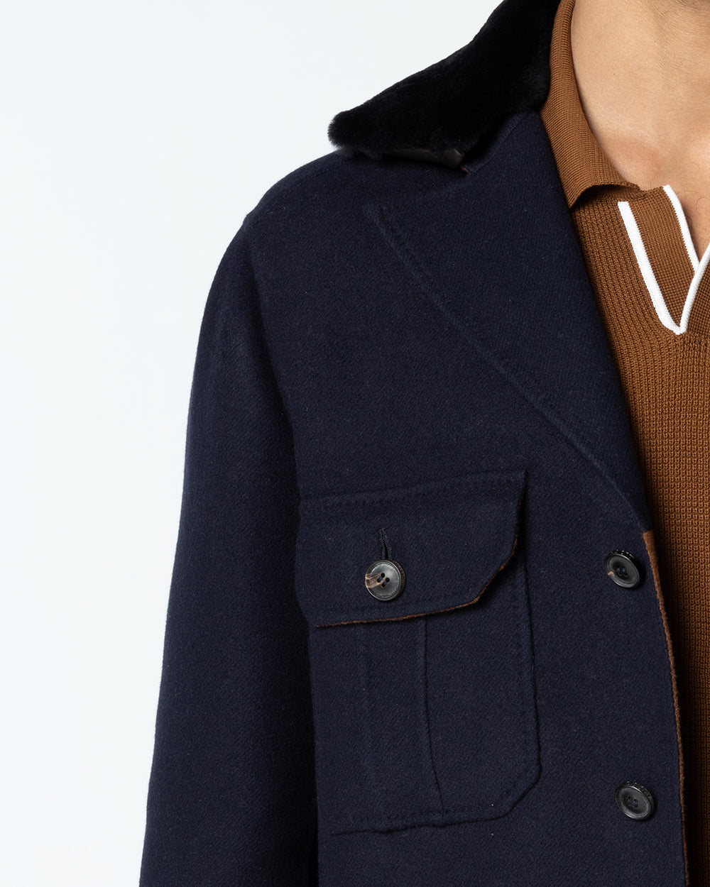 Lumen Wool Jacket with Mink Collar, Navy Blue/Rusty